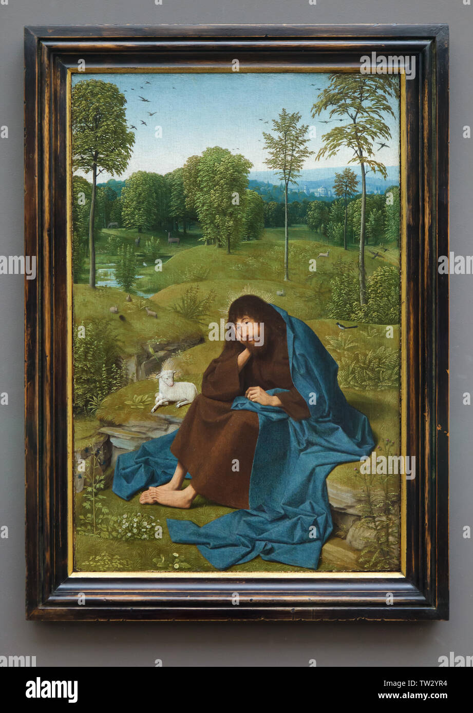 La peinture 'Saint Jean le Baptiste dans le désert' par Dutch Début peintre Geertgen tot Sint Jans (1484) sur l'affichage dans le Berliner Gemäldegalerie (Berlin Photo Gallery) à Berlin, Allemagne. Banque D'Images