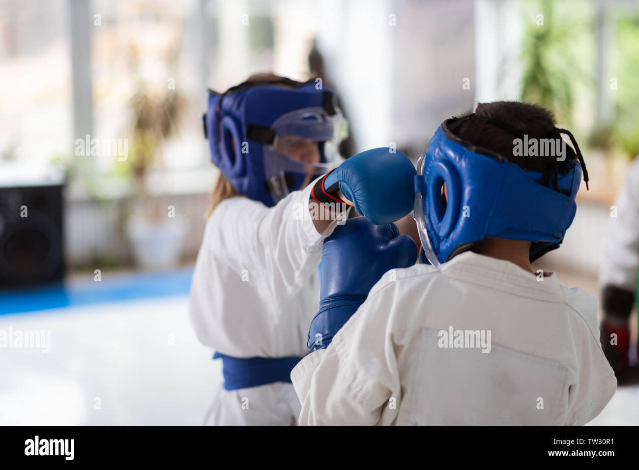 Des gants et un casque. Fille et garçon ayant lutte lors du port de gants  et de casques et de pratiquer les arts martiaux Photo Stock - Alamy