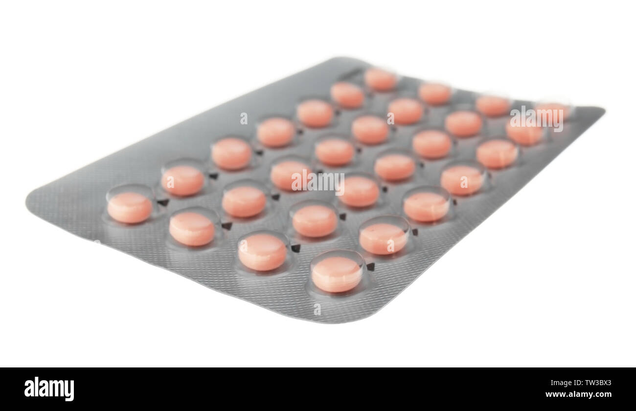 La contraception orale concept. Paquet de pilules sur fond blanc Banque D'Images