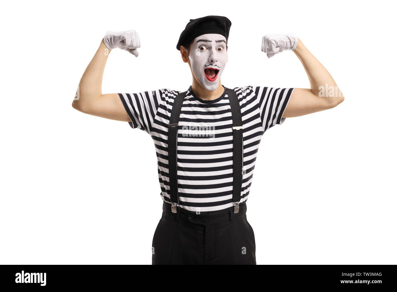 Pantomime man gesturing des muscles forts avec des mains isolé sur fond blanc Banque D'Images