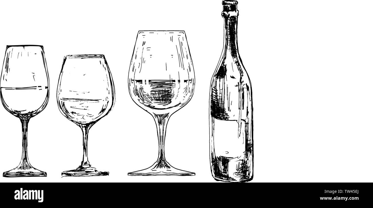 Ensemble de bouteilles de vin et des verres en gravure Illustration de Vecteur