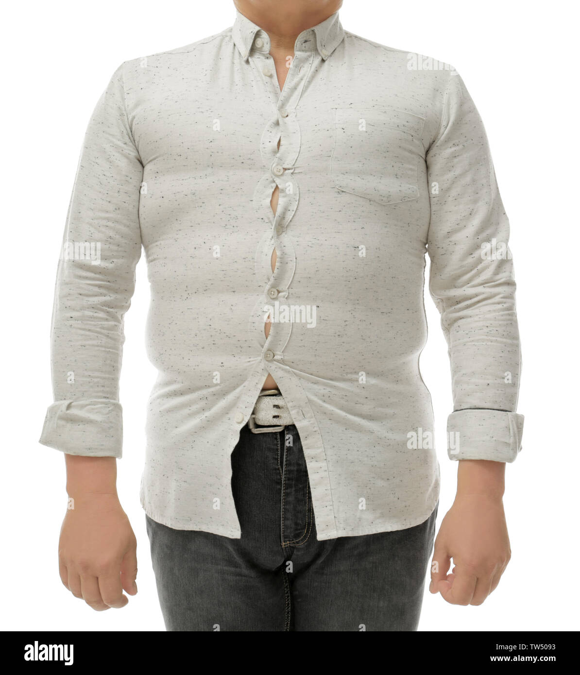 Concept de régime. L'excès de l'homme en chemise serré sur fond blanc Photo  Stock - Alamy