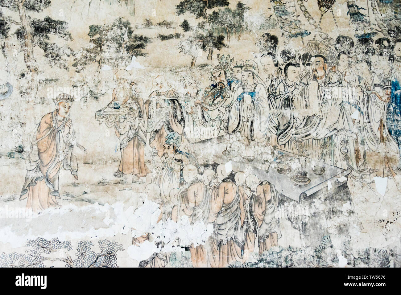 Peinture murale racontant l'histoire de voyage à l'Ouest, Xuanzang et ses partisans, Dafo (Grand Bouddha) Temple, Zhangye, Province de Gansu, Chine Banque D'Images