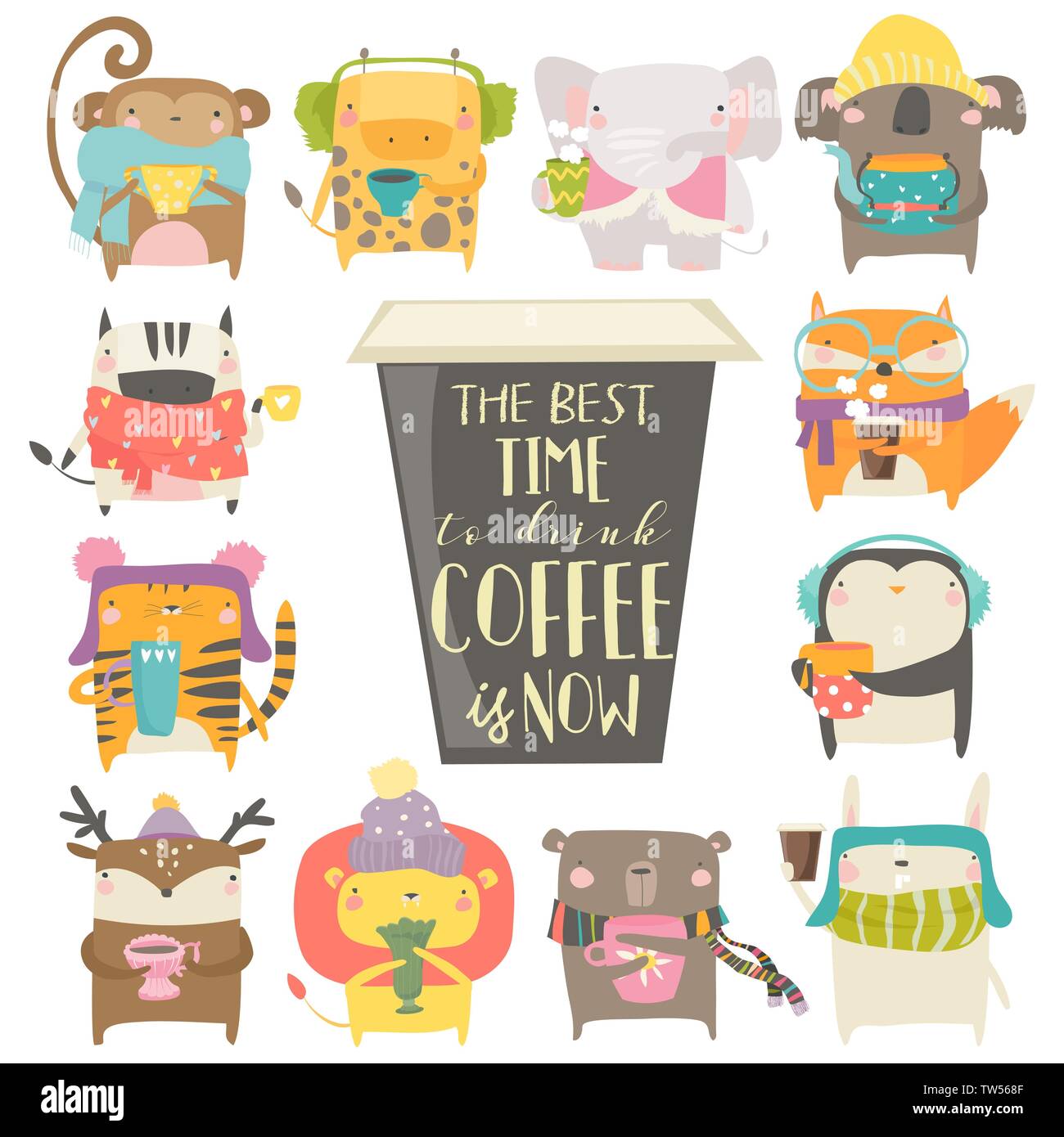 Des animaux en pull et écharpe de boire du café Illustration de Vecteur