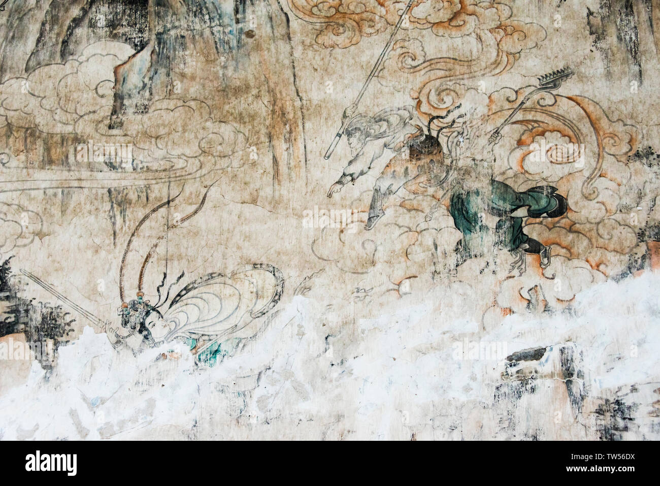 Peinture murale racontant l'histoire de voyage à l'Ouest, Xuanzang et ses partisans, Dafo (Grand Bouddha) Temple, Zhangye, Province de Gansu, Chine Banque D'Images