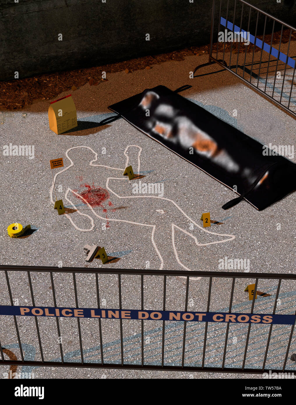 Une fois que le crime est l'enquête de scène de crime, avec un aspect authentique, avec des contours du corps et le corps de rendu 3D, sac Banque D'Images