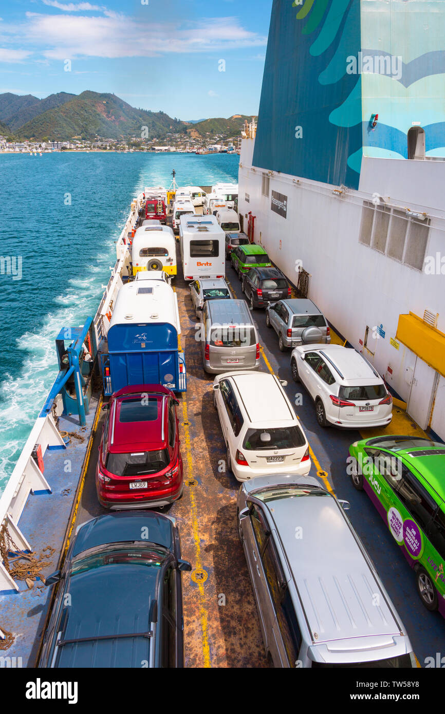 À bord du traversier de passagers voyageant, Interislander entre le nord et le sud de l'île, Picton, Nouvelle-Zélande Banque D'Images