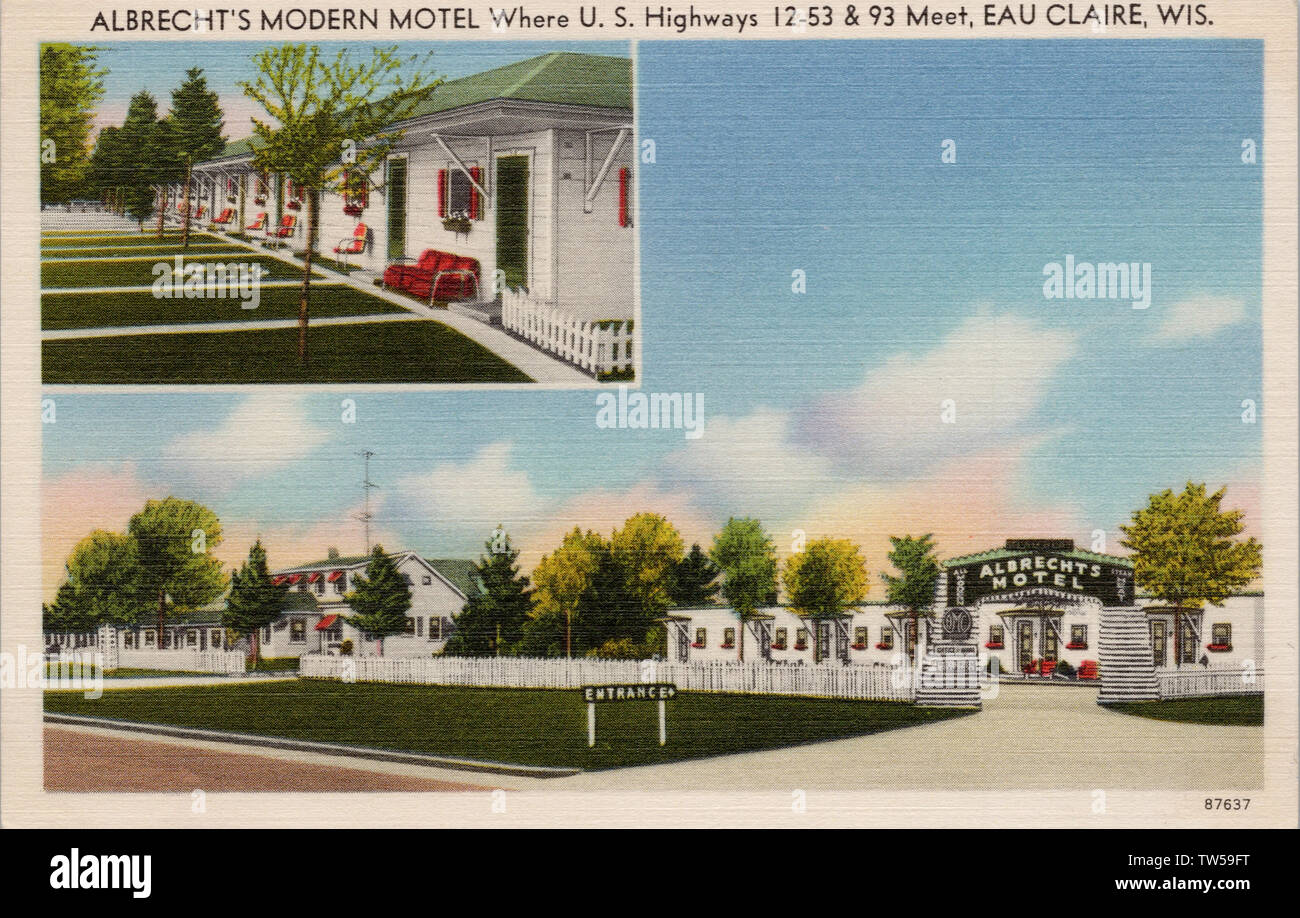 Albrecht's Modern Motel, eau Claire WI, carte postale 1930s-40s lin. Banque D'Images