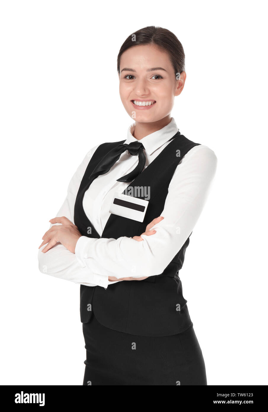 Réceptionniste de l'hôtel des femmes en uniforme sur fond blanc Photo Stock  - Alamy