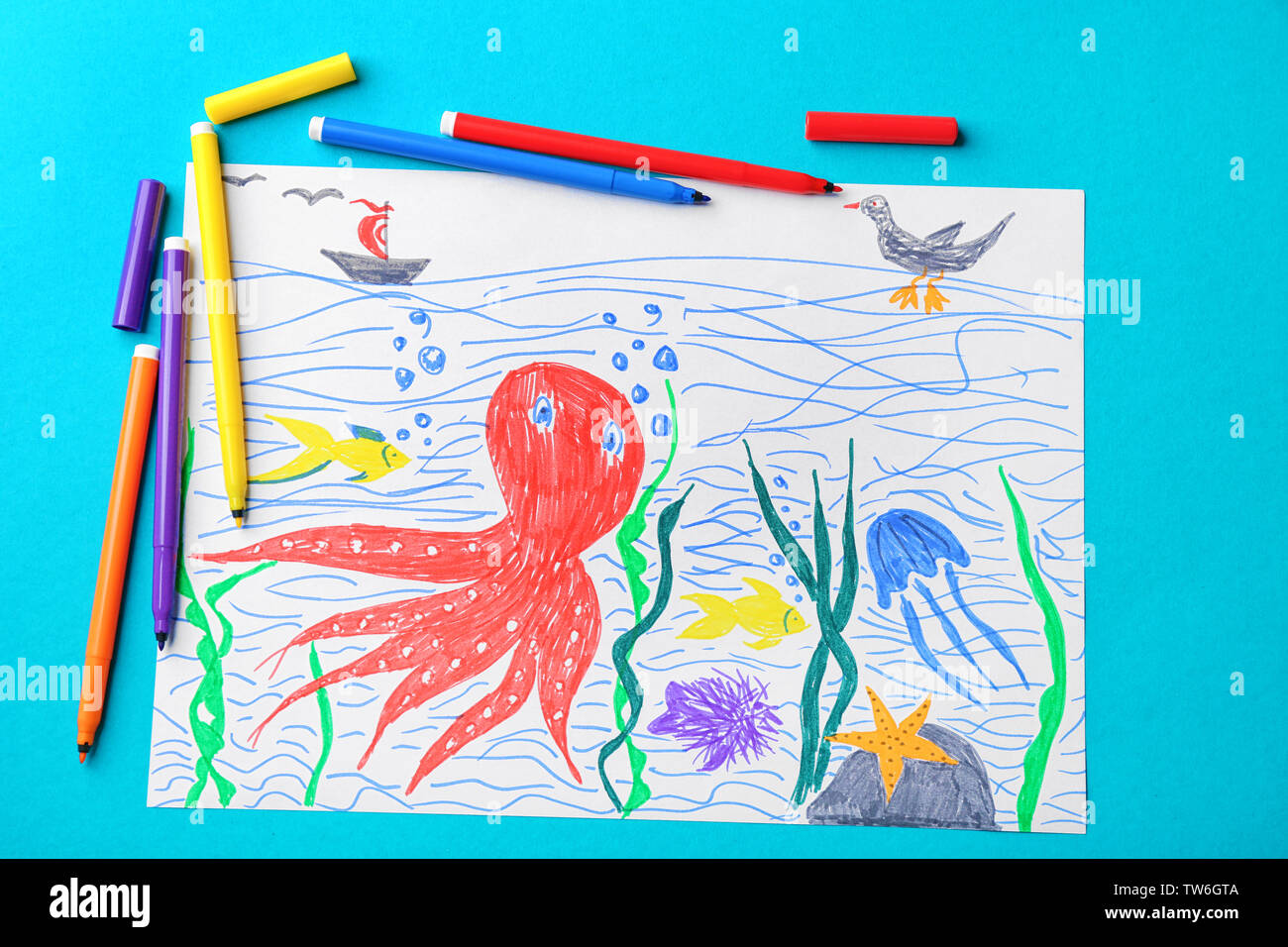 Dessin d'enfant de l'Underwater world sur fond bleu Banque D'Images