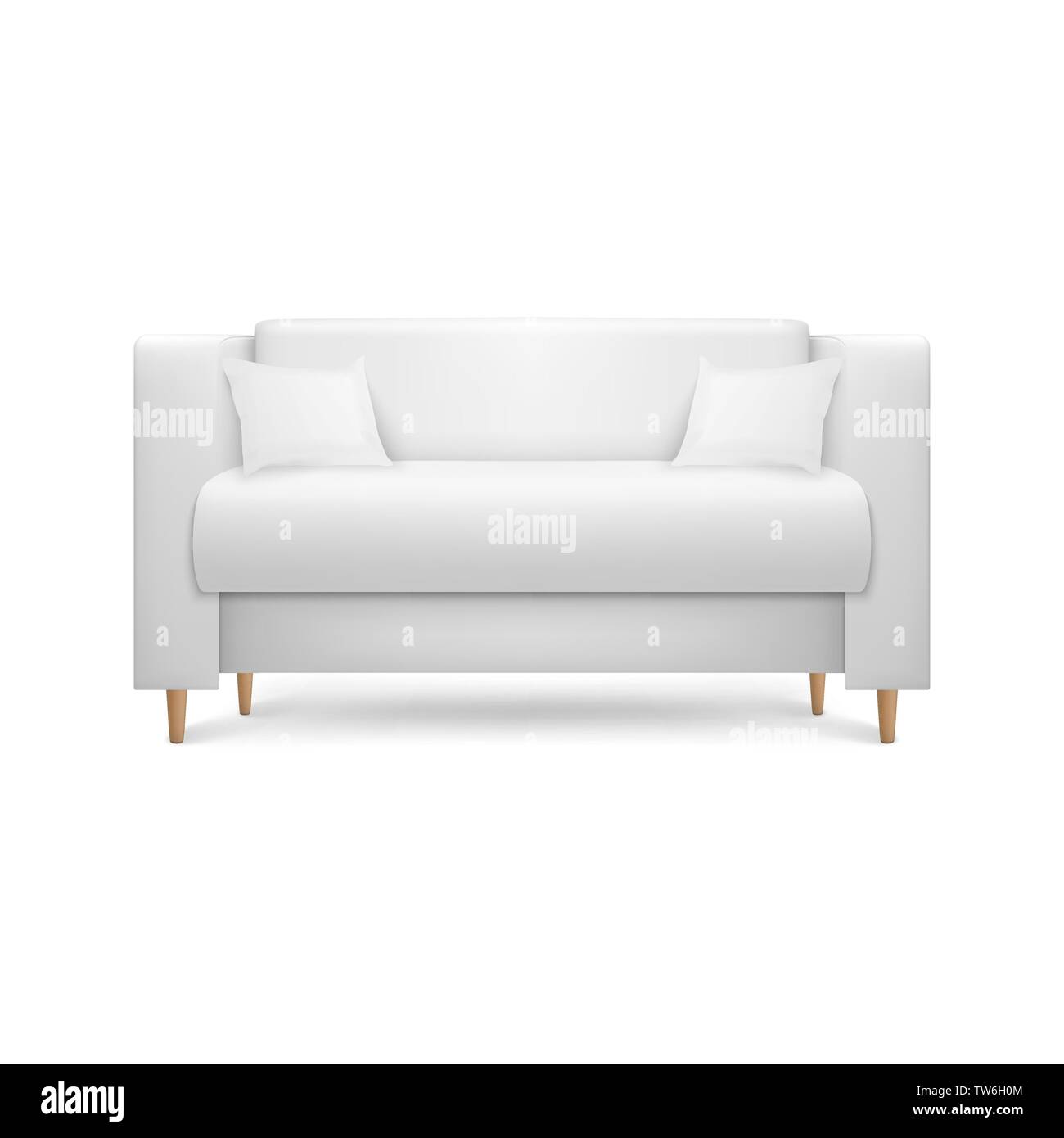 Le Rendu réaliste 3d Vector cuir blanc canapé, bureau de luxe avec des oreillers de la table dans un style simple et moderne pour l'intérieur, salle de séjour, d'accueil ou Illustration de Vecteur