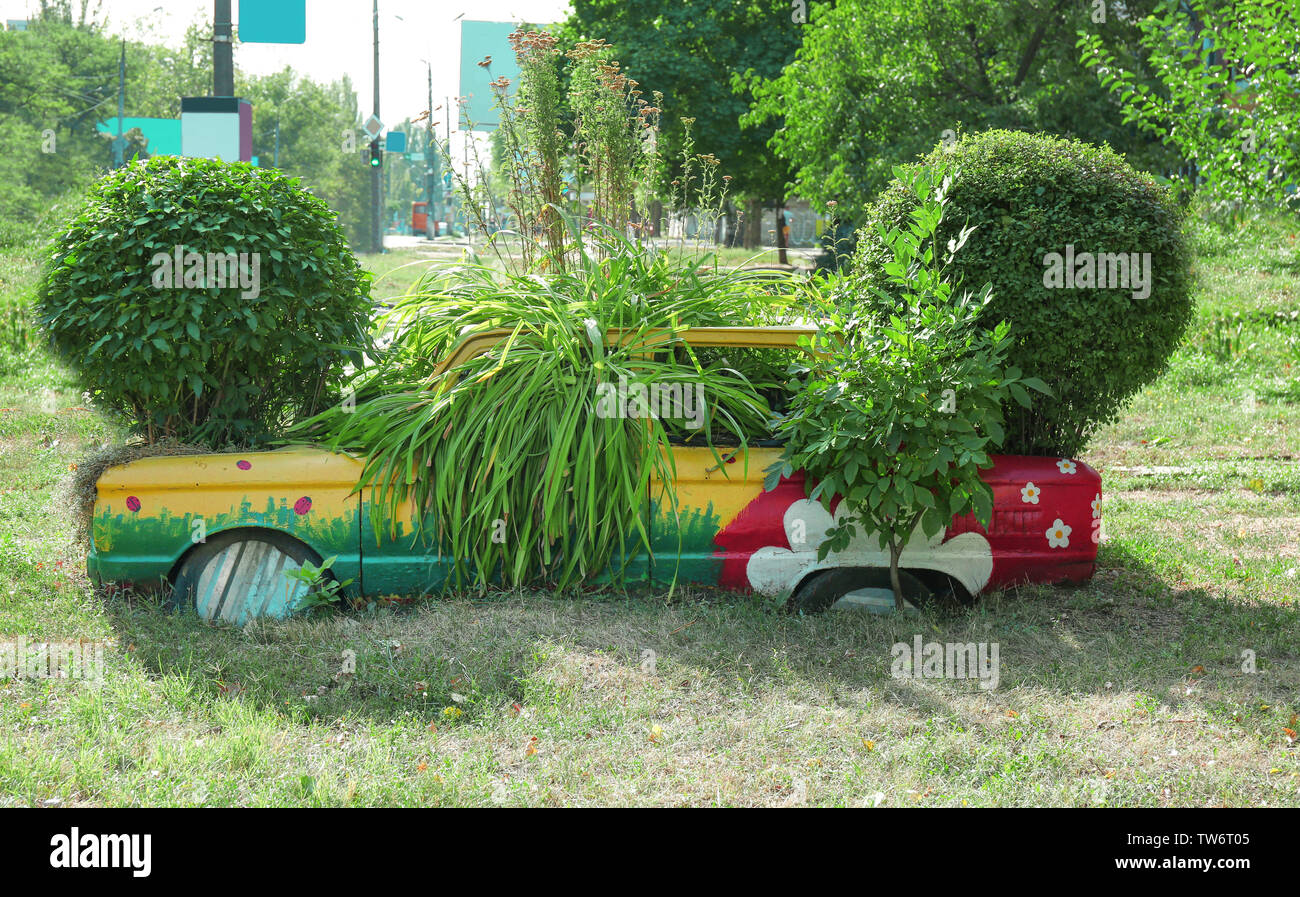 Parterre de plantes fabriqués à partir de vieille voiture à l'extérieur Banque D'Images