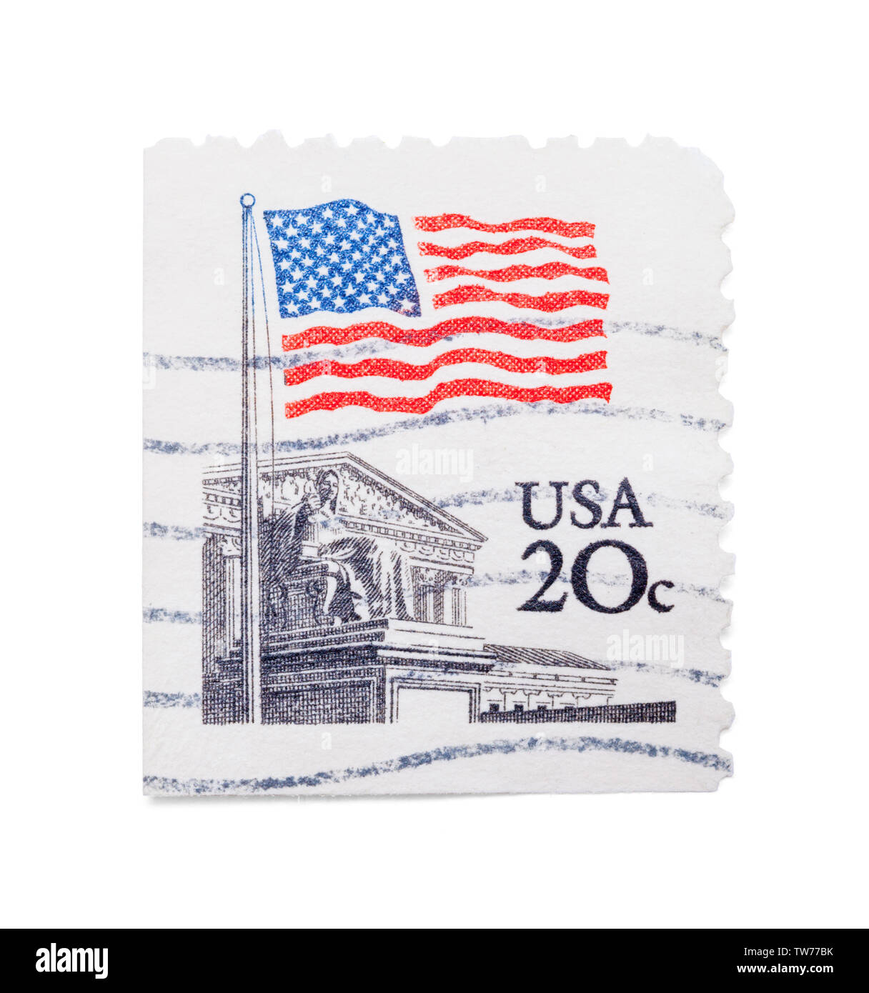 Ancien drapeau USA Stamp isolé sur fond blanc. Banque D'Images