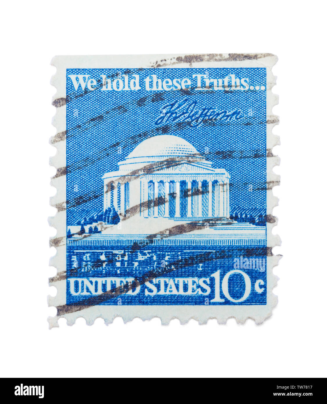Cent dix vieux Jefferson Monument Stamp isolé sur blanc. Banque D'Images