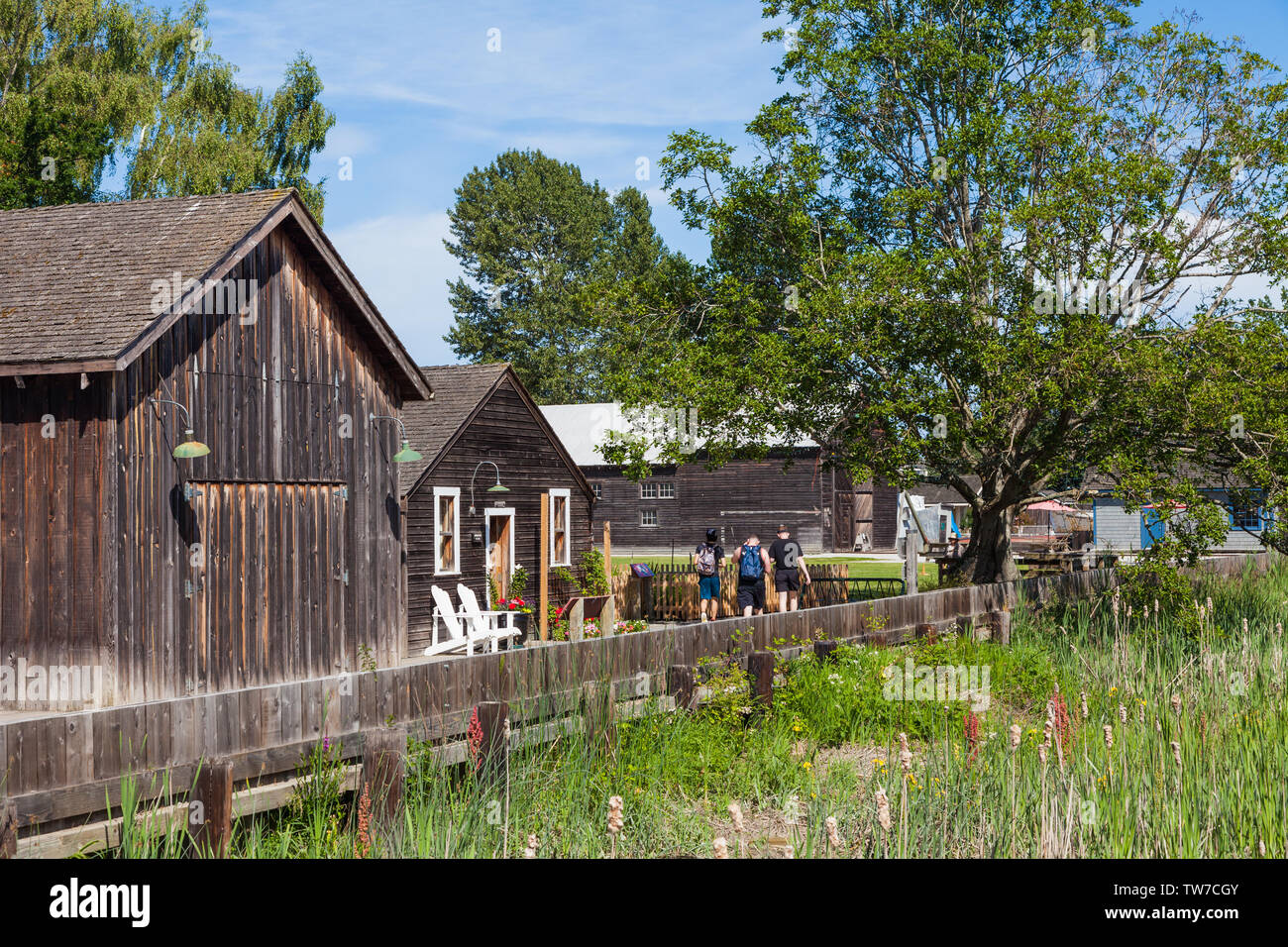 Vue d'été de la Britannia Ship Yard édifices du patrimoine situé derrière la barrière en bois de la protection contre les inondations à Steveston en Colombie-Britannique Banque D'Images