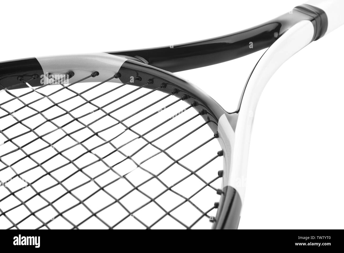Raquette de tennis sur fond blanc, gros plan Banque D'Images