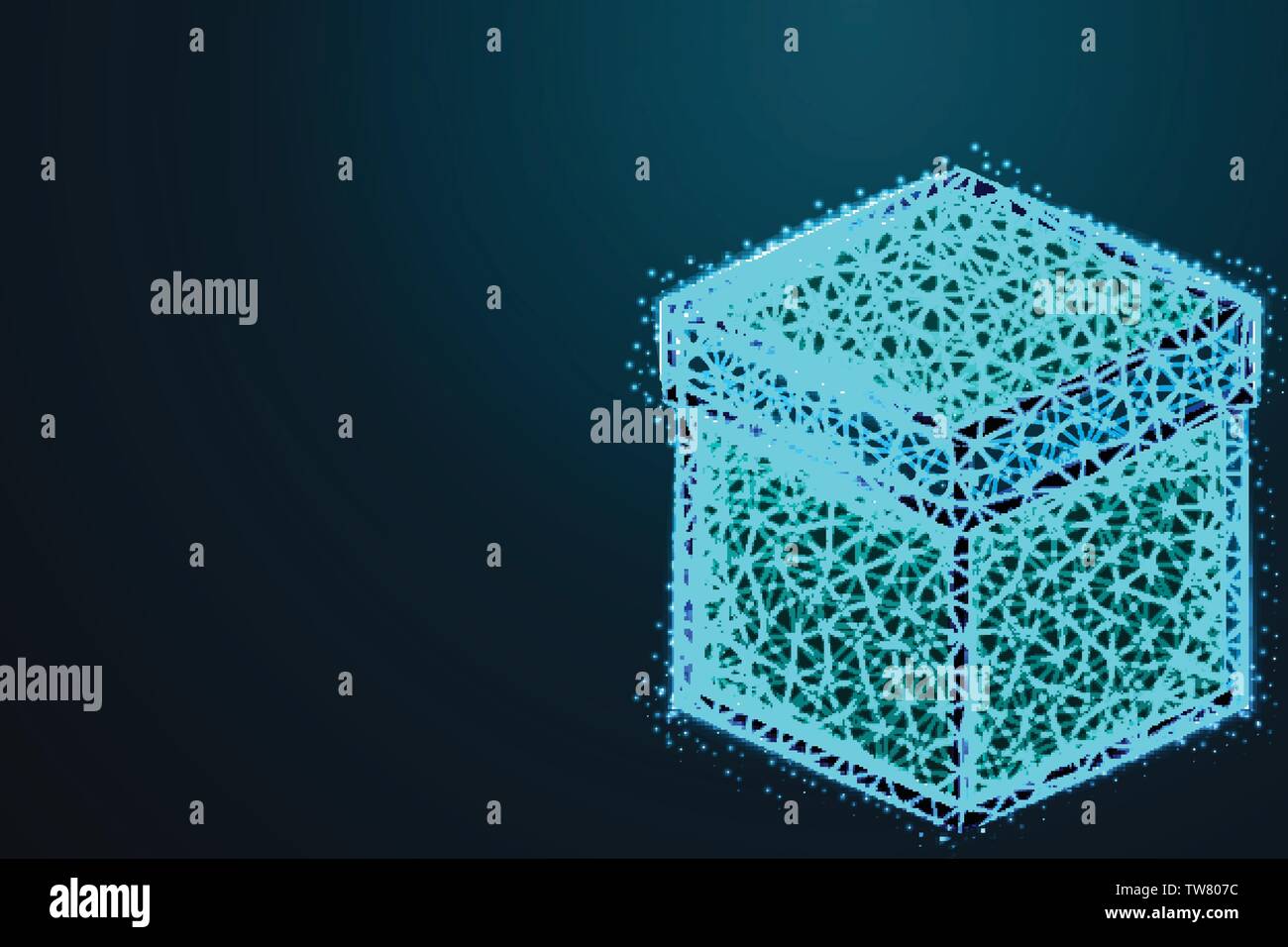 Maille de fer élément polygonal. Cube avec lignes connectées et points. avec bord émietté sur bleu ciel de nuit avec des points, des étoiles et ressemble à constellati Illustration de Vecteur