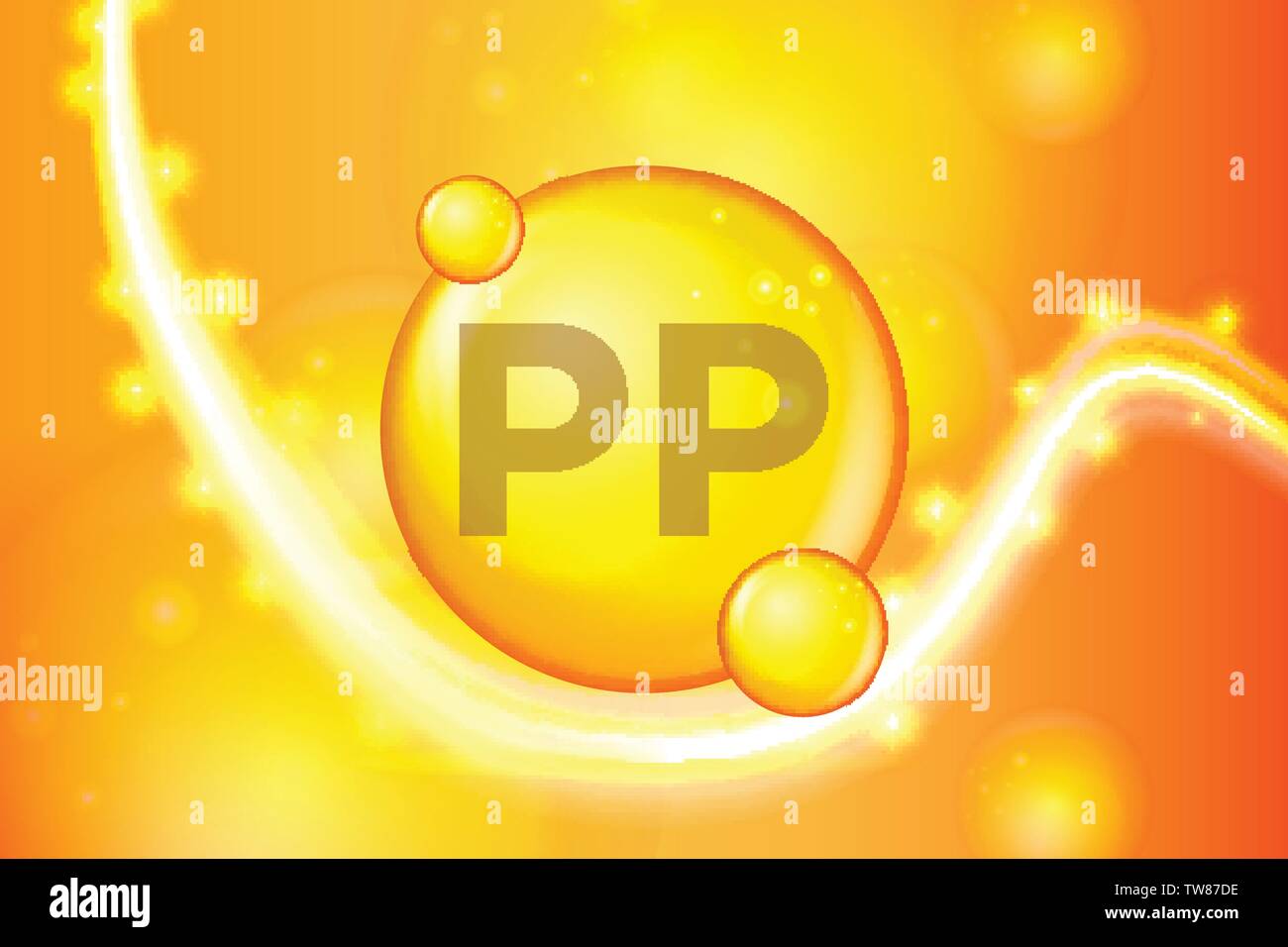 Vitamine PP brillant or comprimé capsule de l'icône . Complexe de vitamines avec formule chimique. shine gold sparkles. médicale et pharmaceutique d'annonces. Vector illustr Illustration de Vecteur