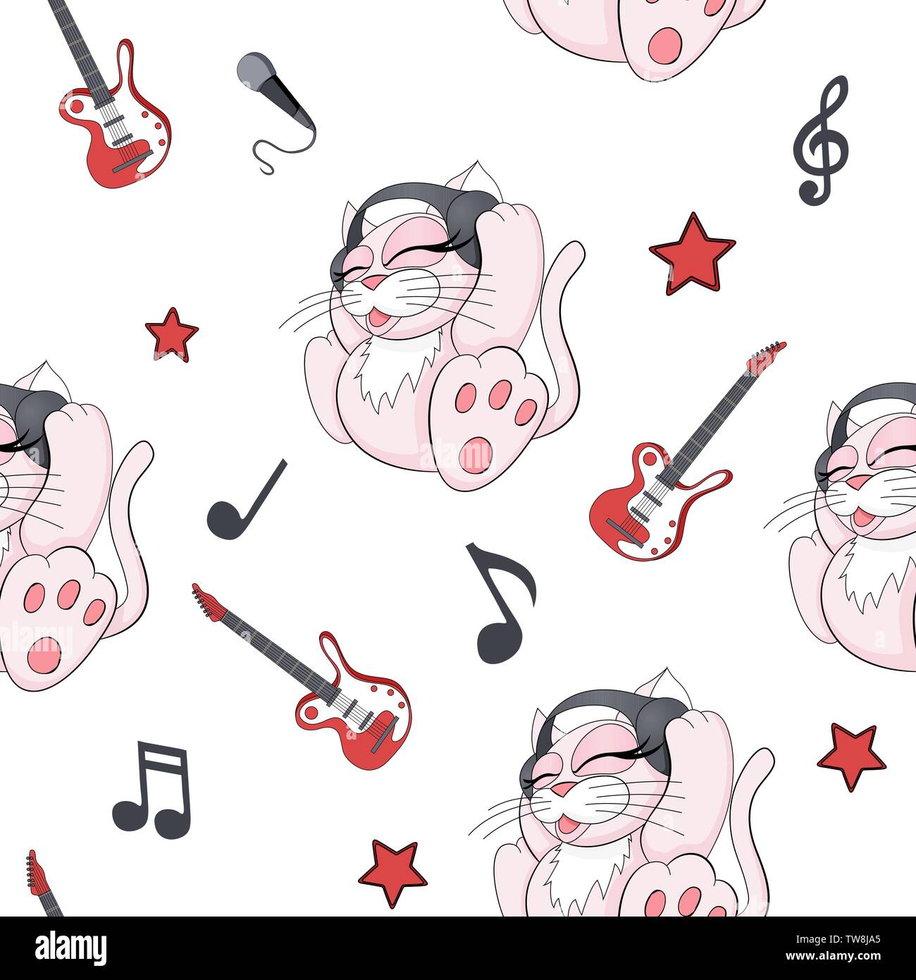 Modèle sans couture avec cute cartoon chatons avec casque sur fond blanc Illustration de Vecteur