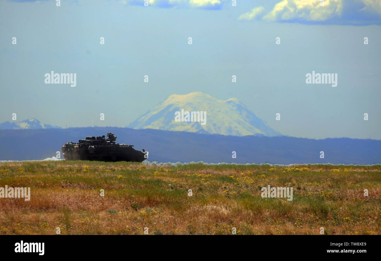 Un Stryker du 3 e Bataillon, 161e Régiment d'infanterie, quitte la plage pendant un exercice de tir réel de peloton à Yakima Training Center. L'infanterie 3-161 participent à l'accent à baïonnette, comme pilote jusqu'à une rotation de la CNT l'année prochaine. Banque D'Images