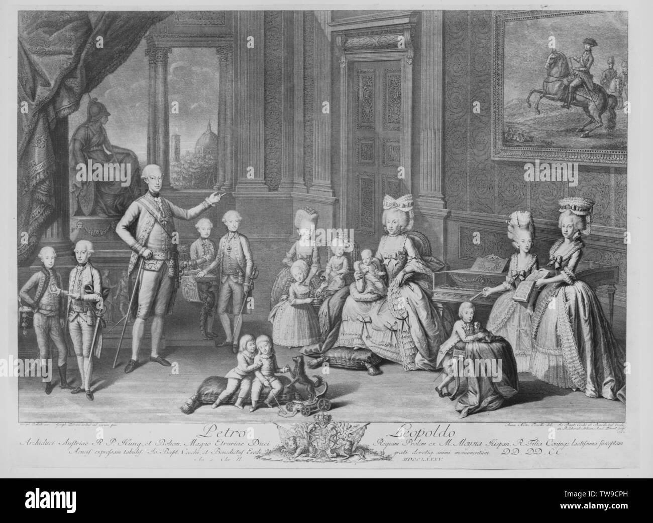 Léopold II, Saint Empereur Romain, groupe photo avec femme et enfants en tant que Grand-duc de Toscane, gravure couleur, manifeste à Loeschenkohl-Wien, 1785. dessin de Giuseppe Piattoli (figures) et Giuseppe Fabbrini (tête), gravé par Benedetto Eredi et G. B.-Clearance-Info Additional-Rights Cecchi,-Not-Available Banque D'Images
