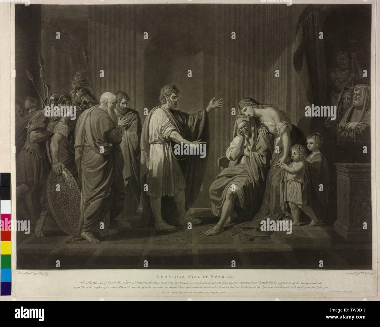 Leonidas II, roi de Sparte, trouvant son gendre Kleombrotos II dans la sainteté Poseidon et donner lui à l'intercession de sa fille Chilonis les salons. mezzotinte par Charles Howard Hodges basé sur une toile de Benjamin West,-Additional-Rights Clearance-Info-Not-Available Banque D'Images