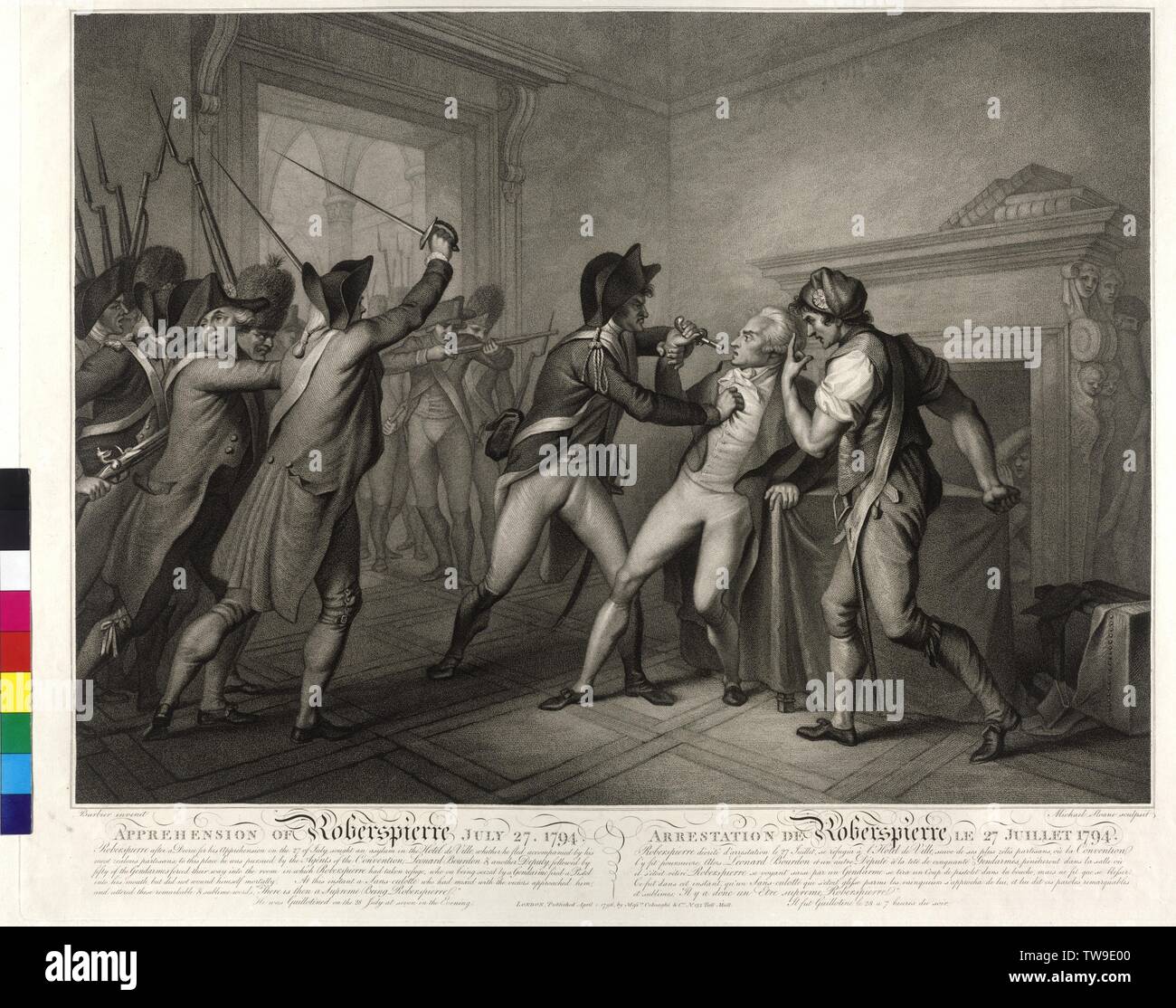 L'arrestation de Robespierre le 27. Juillet 1794, gravure sur cuivre et pointillés par Michael Sloan basé sur la peinture par G. P. Additional-Rights Clearance-Info-coiffure,-Not-Available Banque D'Images
