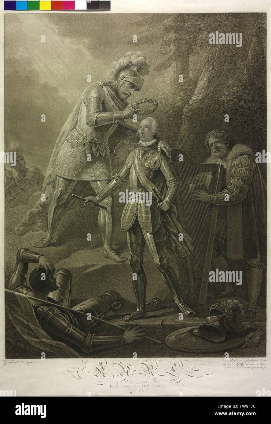 L'Archiduc Karl d'Autriche, 1796, l'apothéose : Le Roi Rodolphe I de Habsbourg couronné l'Archiduc Karl. gravure aquatinte crépi / par Karl Hermann Pfeiffer avec Anton Herzinger basé sur une peinture de Henry Fueger. script gravée par Junker personne illustré page clé PK 3003, 461a,-Additional-Rights Clearance-Info-Not-Available Banque D'Images