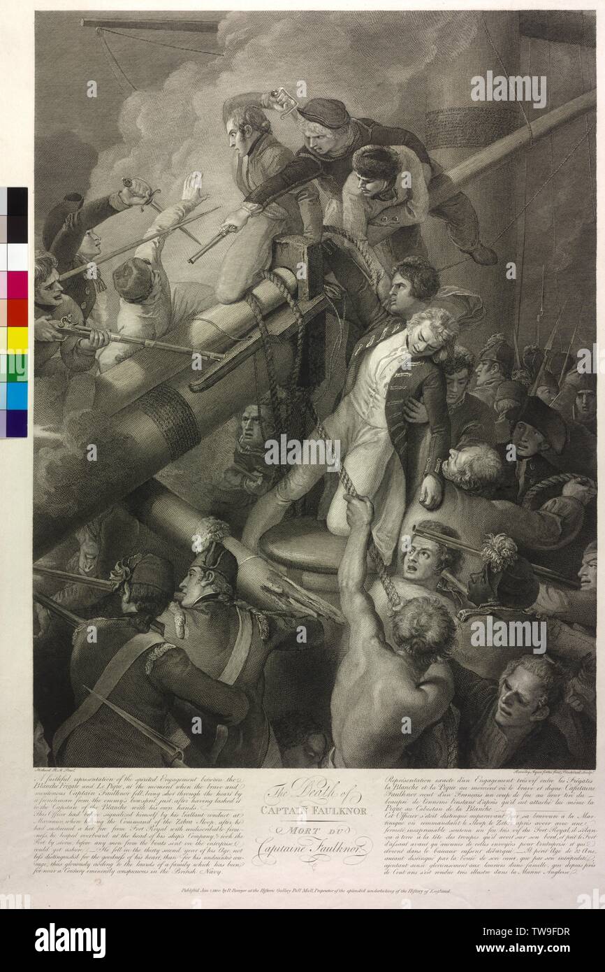 Faulknor, Robert, La mort de la capitaine britannique Robert Faulknor sur 4e / 5.1.1795 à bord de la frégate à sa Blanche, à une action navale avec le navire de guerre français Pique en face de la Guadeloupe. Sur le Ankerspill (Faulknor de son navire génuflexion, et le bras de droite sur le beaupré de la Pique), gravure (technique mixte) par William Bromley et ch. Blackberd basé sur une peinture de Thomas Stothard, Additional-Rights Clearance-Info-Not-Available- Banque D'Images