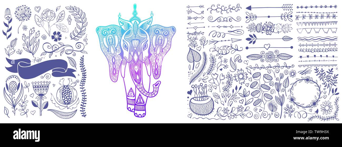 Dessin floral design éléments exposés et de l'éléphant indien sketch Illustration de Vecteur