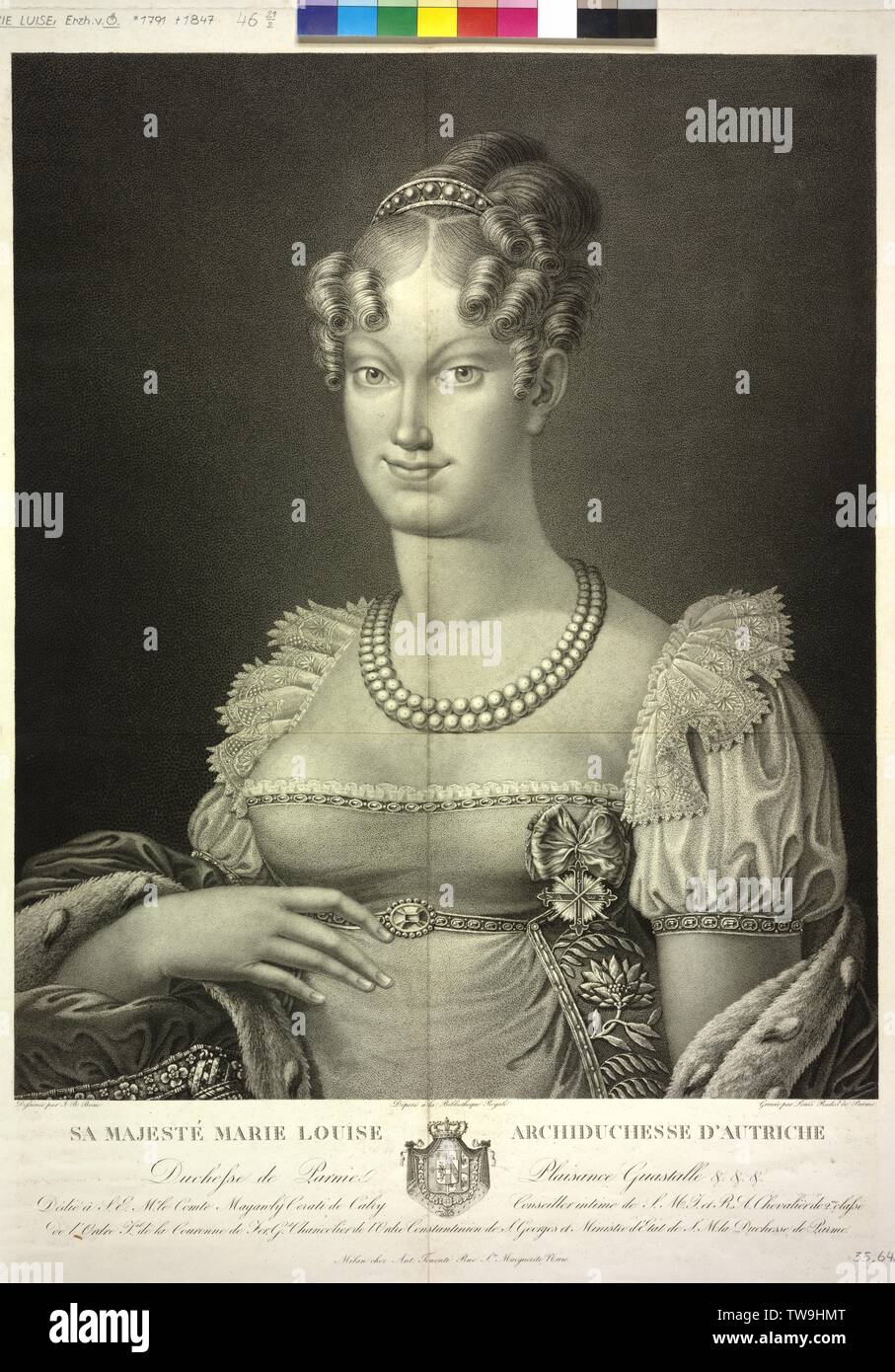 Maria Louisa, archiduchesse d'Autriche, stipple gravure par Luigi Rados basé sur un dessin de J. B. Bosio. blason, Additional-Rights Clearance-Info-Not-Available- Banque D'Images