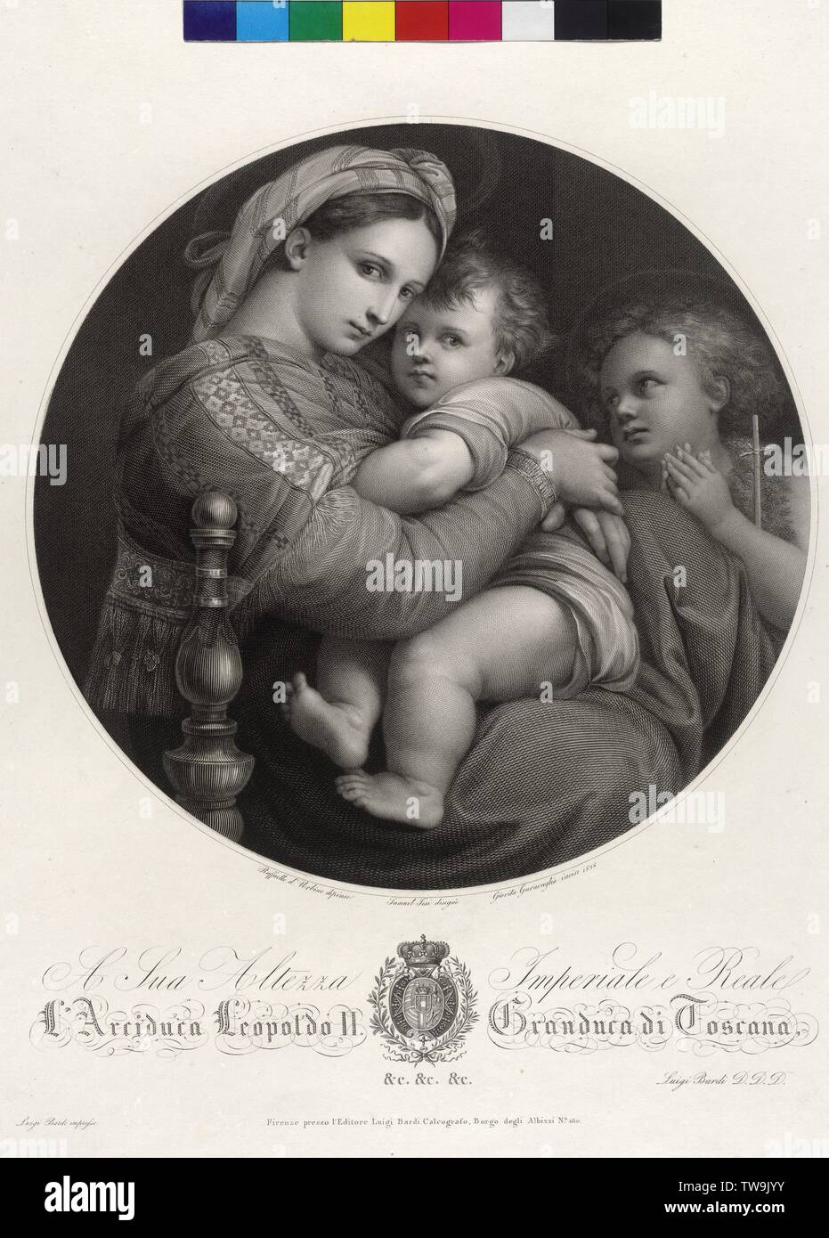 Marie avec enfant - Madonna della Sedia, Vierge à l'enfant et saint Johannes du Baptiste l''Madonna della Sedia' - également appelé 'della Seggiola" -, en raison de son titre le réglage à angle droit dans le fauteuil, Marie avec l'enfant Jésus est la preuve, gravure sur cuivre par Giovita Garavaglia basé sur le dessin par Samuel Jesi, basée sur la peinture de Raphaël depuis 1589 appartiennent à la peinture la collection de base de la collection des Médicis dans la Tribuna de la Galerie des Offices. Avec Widmund à Léopold II, Grand-duc de Toscane, avec le blason des armoiries, Additional-Rights Clearance-Info-Not-Available- Banque D'Images