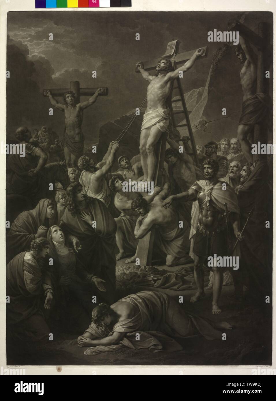 Crucifixion Christi, montée de la croix. mezzotinte par Vinzenz Georg Kininger basé sur une peinture de Henry Frederick Fueger, désigner et daté 1832, Additional-Rights Clearance-Info-Not-Available- Banque D'Images