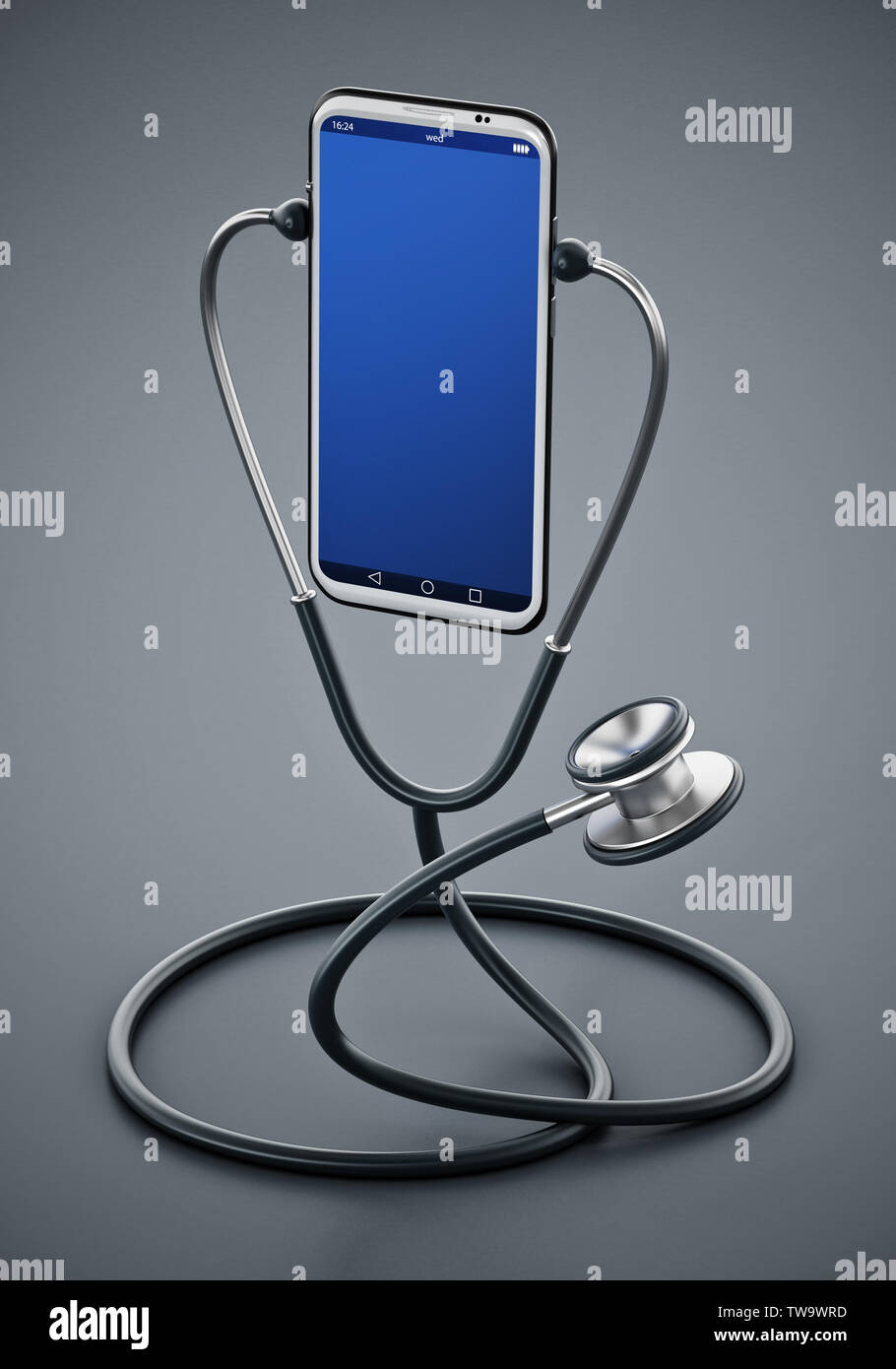 Stéthoscope écoutant le smartphone. 3D illustration. Banque D'Images