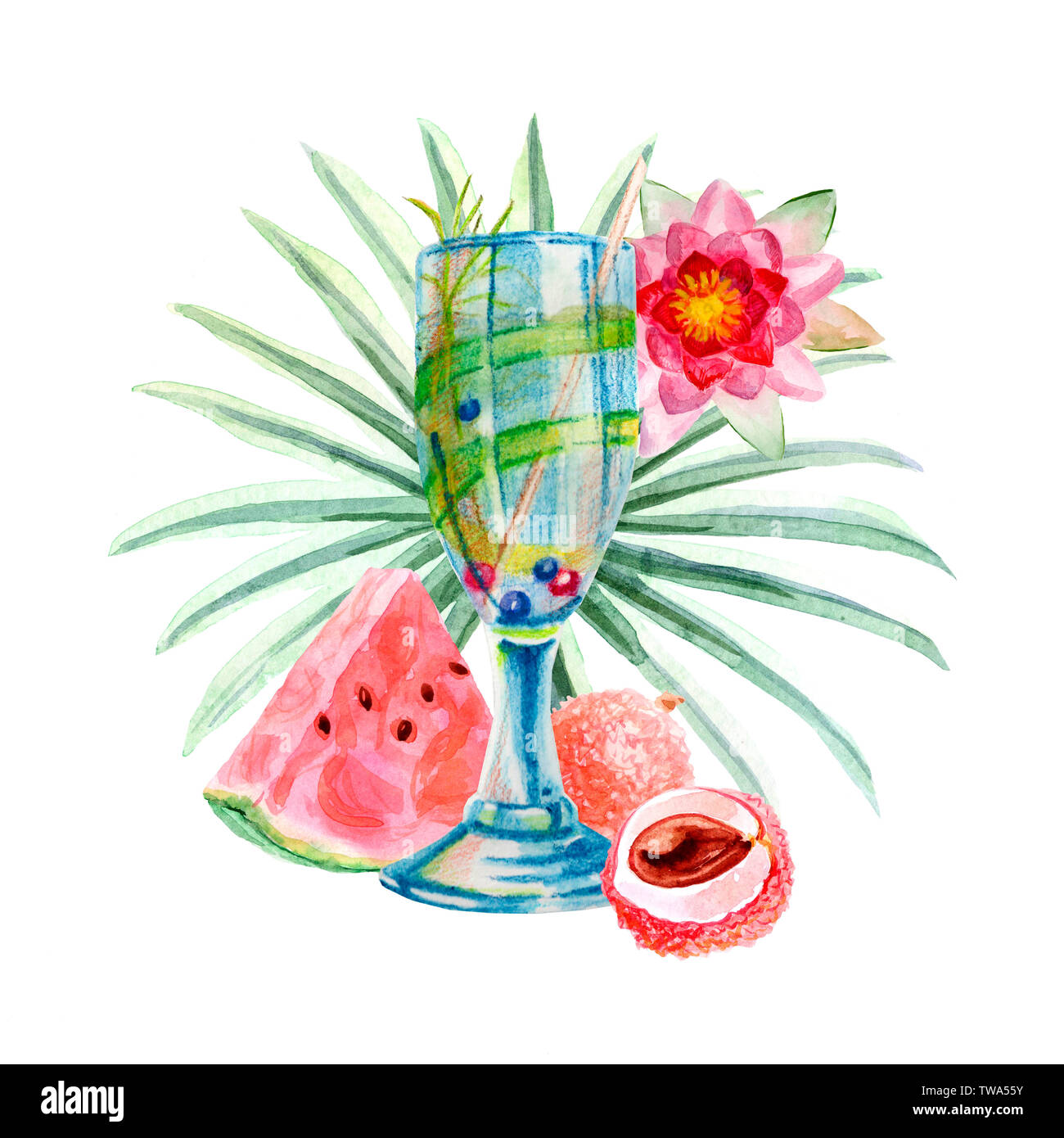 Aquarelle composition avec cocktail tropical sur un arrière-plan lumineux avec des fruits, des feuilles de palmier et des fleurs Banque D'Images