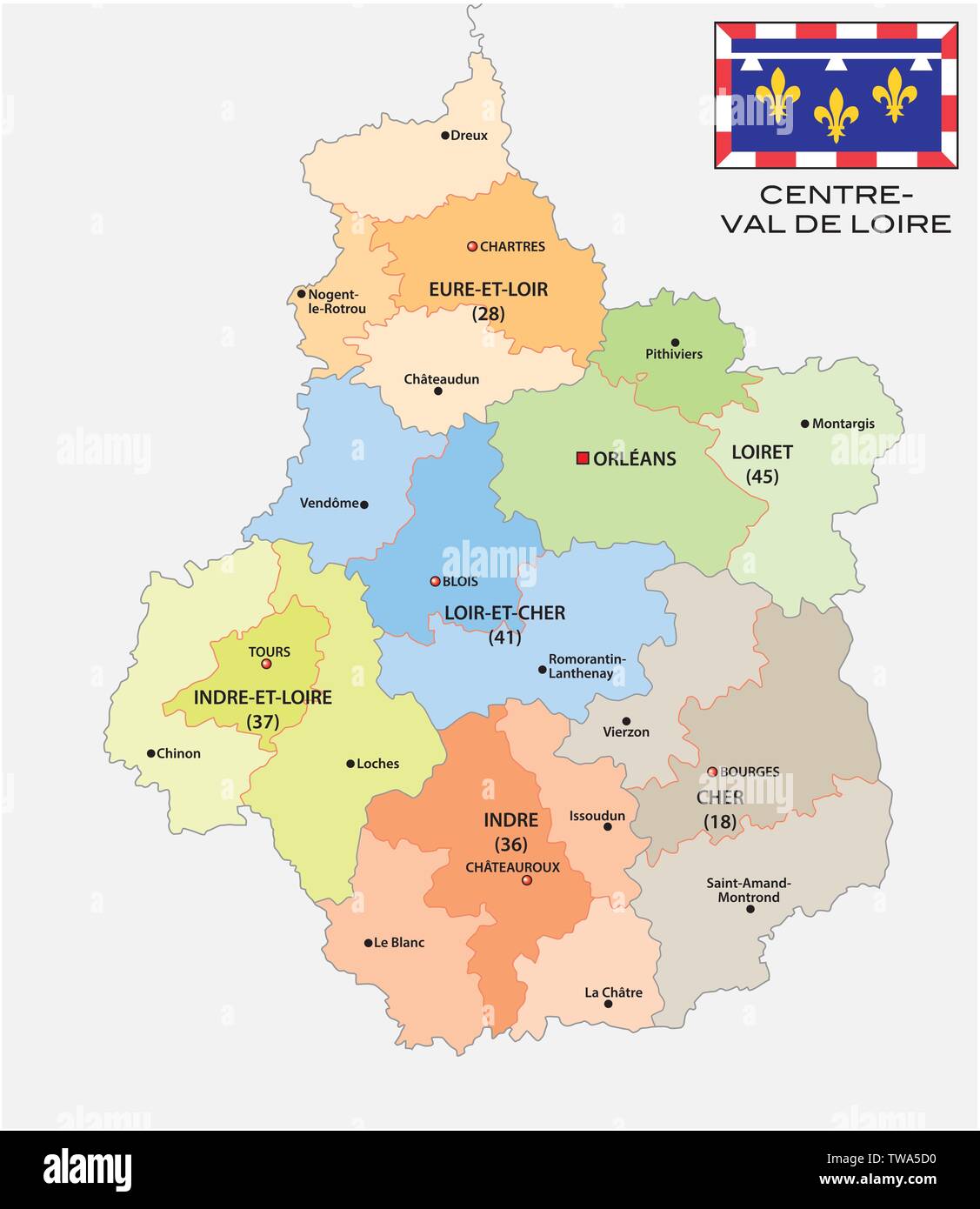 La carte administrative et politique de la région Centre Val de Loire avec  drapeau france Image Vectorielle Stock - Alamy