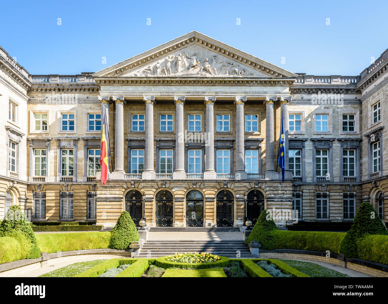 Vue de la façade de palais de la Nation, siège du Parlement fédéral belge à Bruxelles, Belgique. Banque D'Images