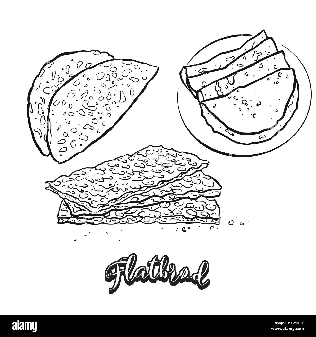 Esquisse sur l'alimentation Flatbrød tableau. Dessin vectoriel d'un pain plat, généralement connu en Norvège. Illustration alimentaire série. Illustration de Vecteur