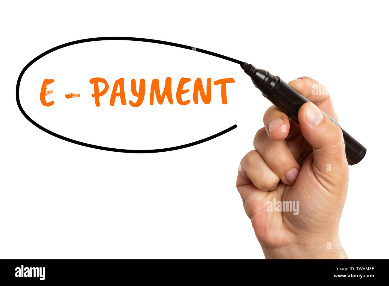 Dessin de cercle avec marqueur noir autour de e-méthode de paiement pour les achats en ligne Un texte orange isolé sur fond blanc Banque D'Images