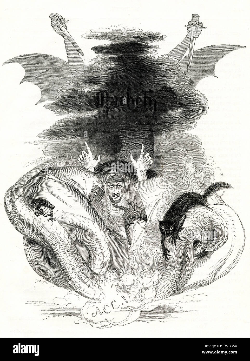 Illustration par Kenny Meadows pour Macbeth, par William Shakespeare. Illustration d'introduction de l'Acte I, avec les sorcières, les serpents, une grenouille et black cat. Date : 1840 Banque D'Images