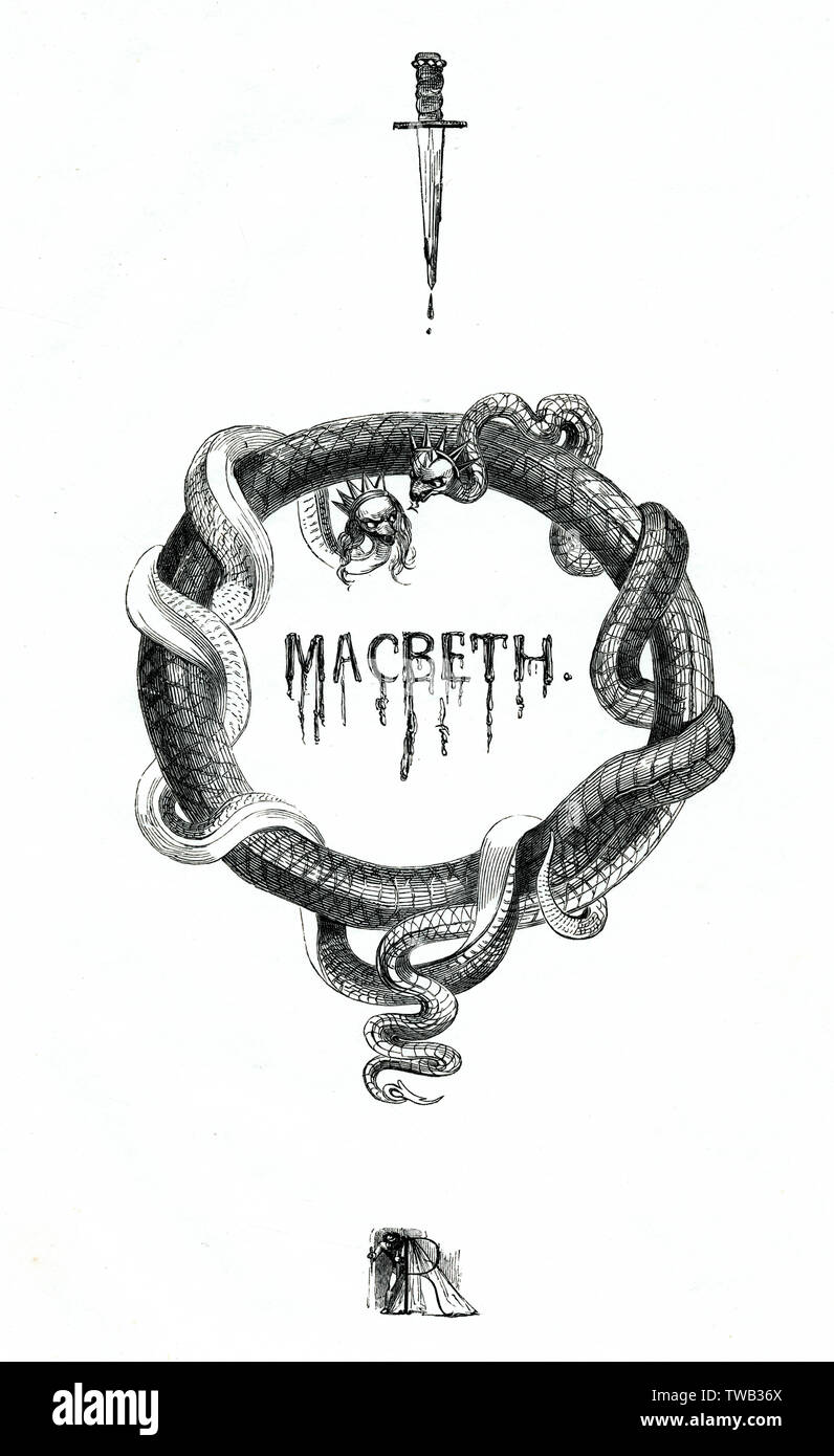 Illustration par Kenny Meadows pour Macbeth, par William Shakespeare. Illustration d'introduction, avec des serpents portant des couronnes, et un poignard dégoulinant de sang. Date : 1840 Banque D'Images