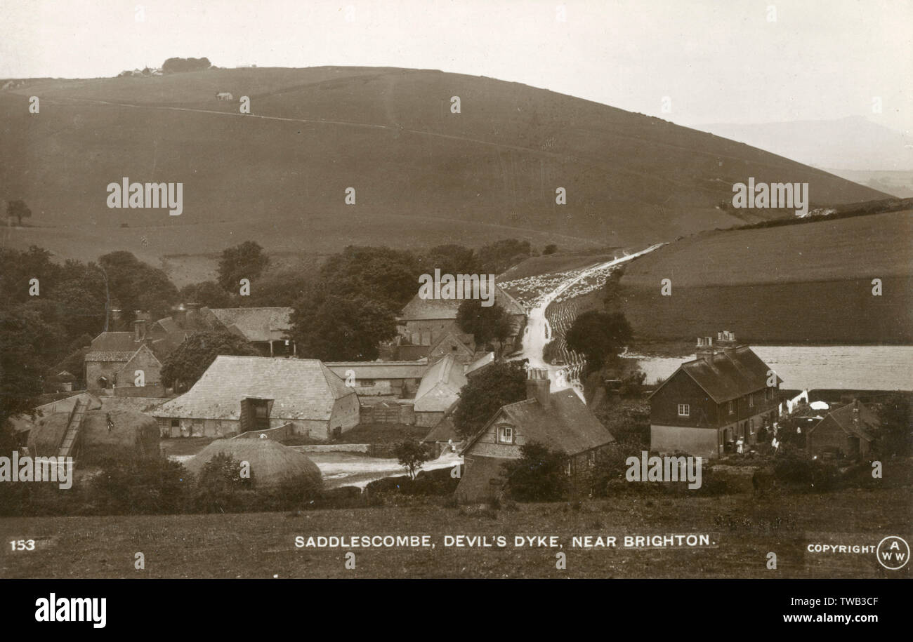 Ferme Saddlescombe, Devil's Dyke, un hameau dans les South Downs, West Sussex - nr. Brighton Date : vers 1910 Banque D'Images