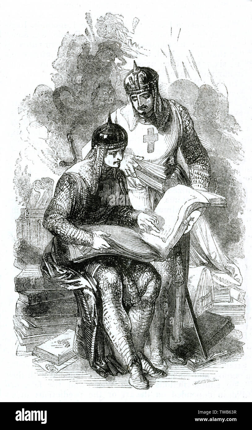 The British Valhalla -- deux chevaliers lisant le livre d'histoire Banque D'Images