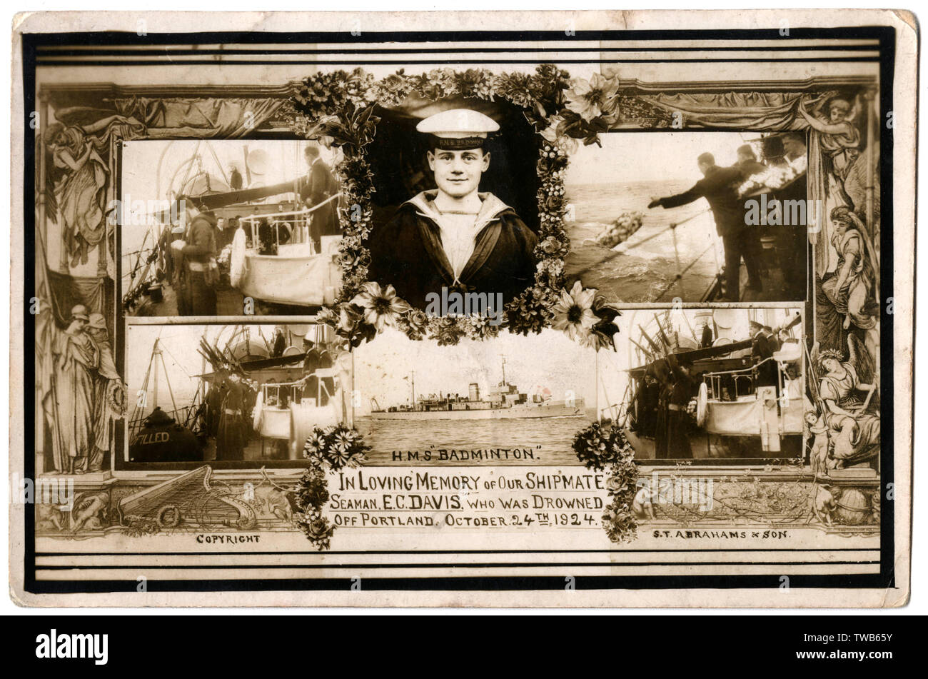 Carte postale commémorative, Matelot de 1re classe E C Davis, HMS Badminton Banque D'Images