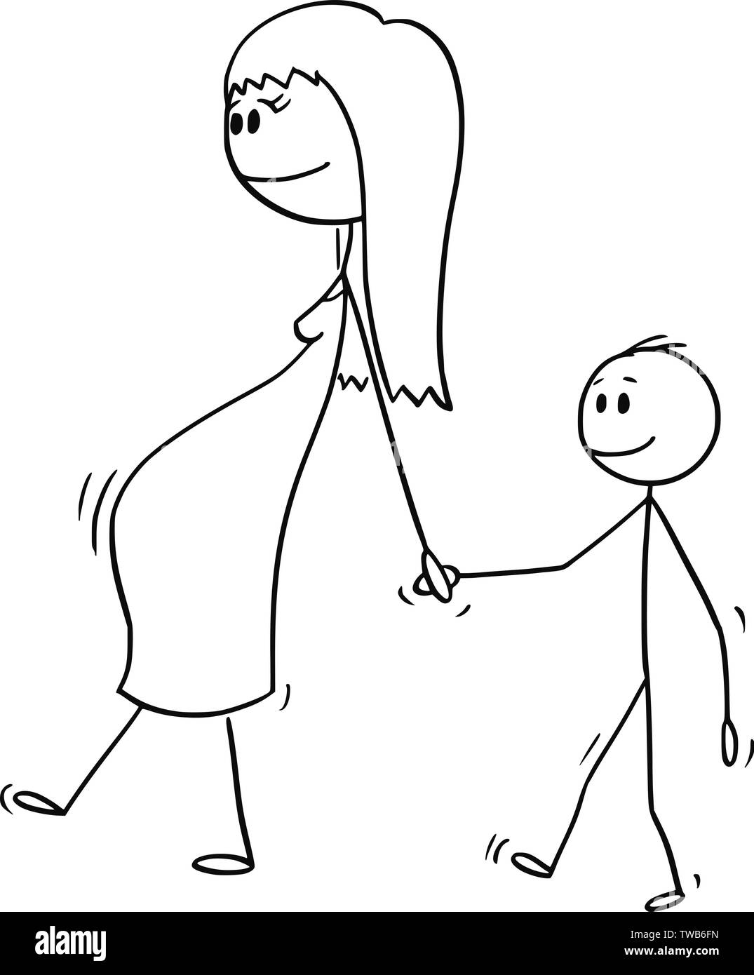 Vector cartoon stick figure dessin illustration conceptuelle de femme enceinte ou maman ou mère ensemble avec petit garçon ou son fils. Ils sont à pied et tenir la main. Illustration de Vecteur