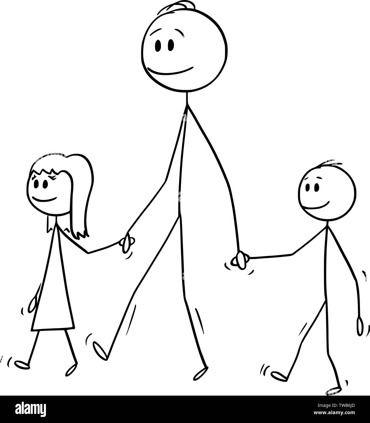 Vector cartoon stick figure dessin illustration conceptuelle de l'homme o père ou papa avec petite fille et garçon ou fille et fils. Ils sont à pied et tenir la main. Illustration de Vecteur