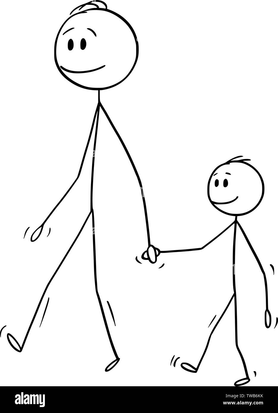 Vector cartoon stick figure dessin illustration conceptuelle de l'homme o père ou papa avec petit garçon ou son fils. Ils sont à pied et tenir la main. Illustration de Vecteur