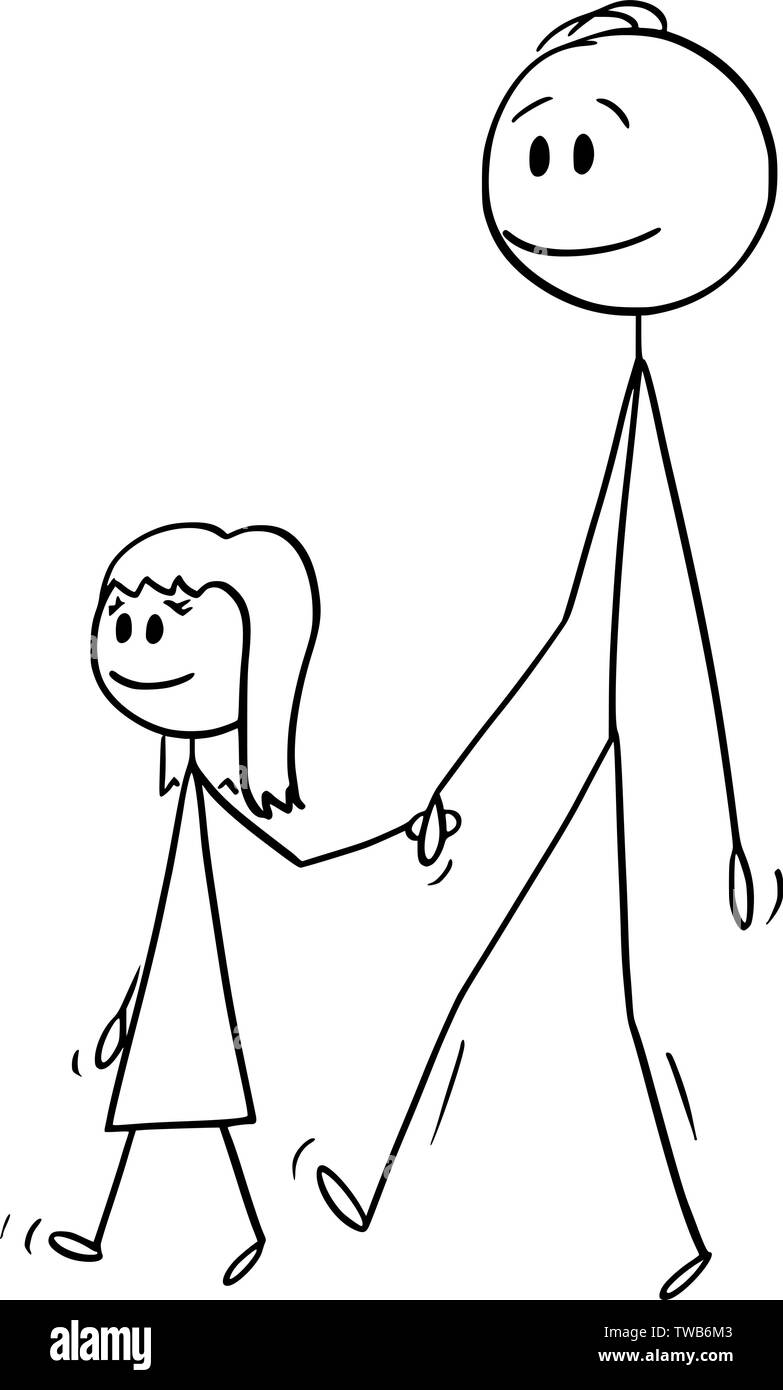 Vector cartoon stick figure dessin illustration conceptuelle de l'homme o père ou papa avec petite fille ou fille. Ils sont à pied et tenir la main. Illustration de Vecteur
