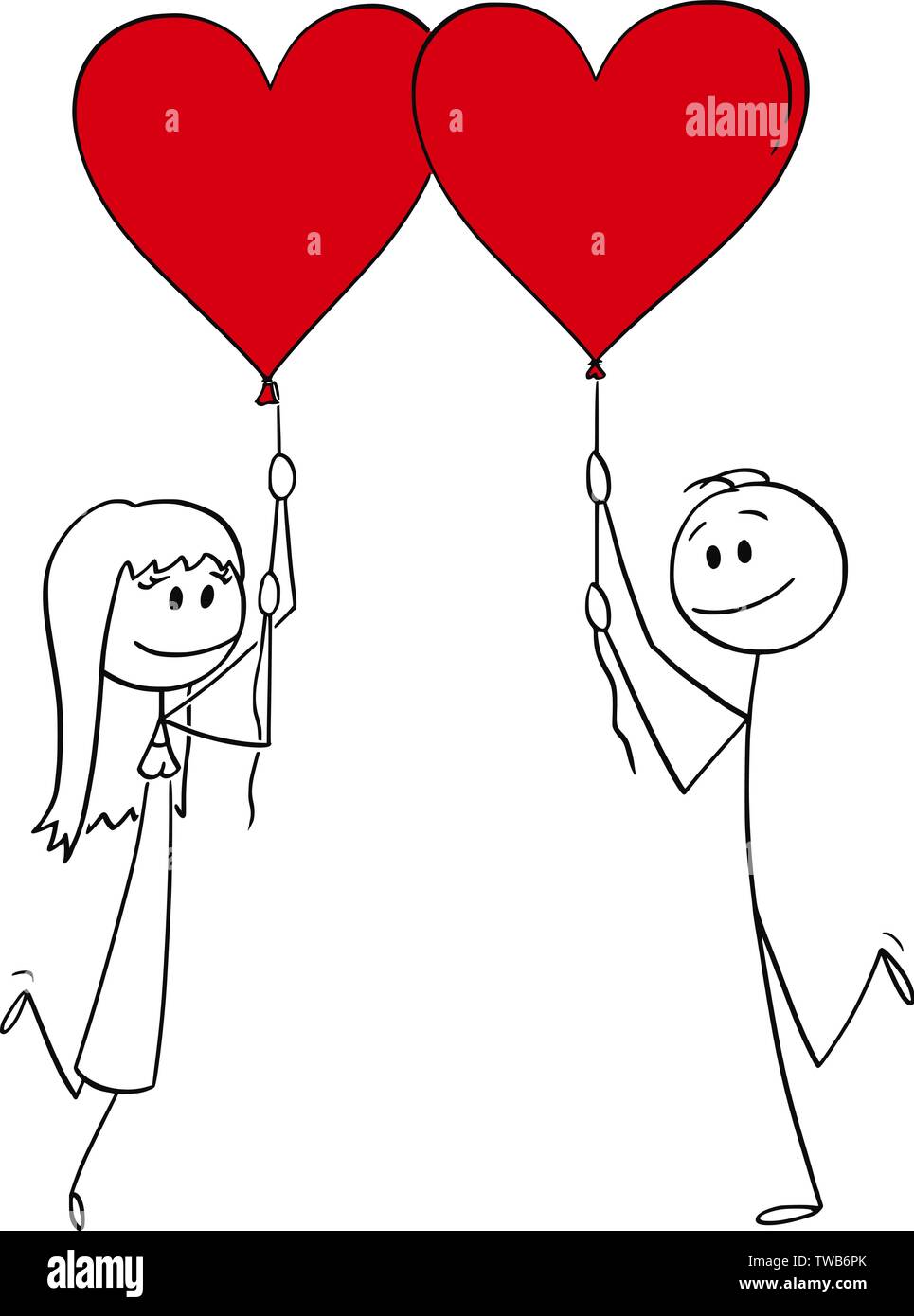 Vector cartoon stick figure dessin illustration conceptuelle du couple hétérosexuel de l'homme et de la femme à la date holding red heart shaped balloons et souriant. Illustration de Vecteur