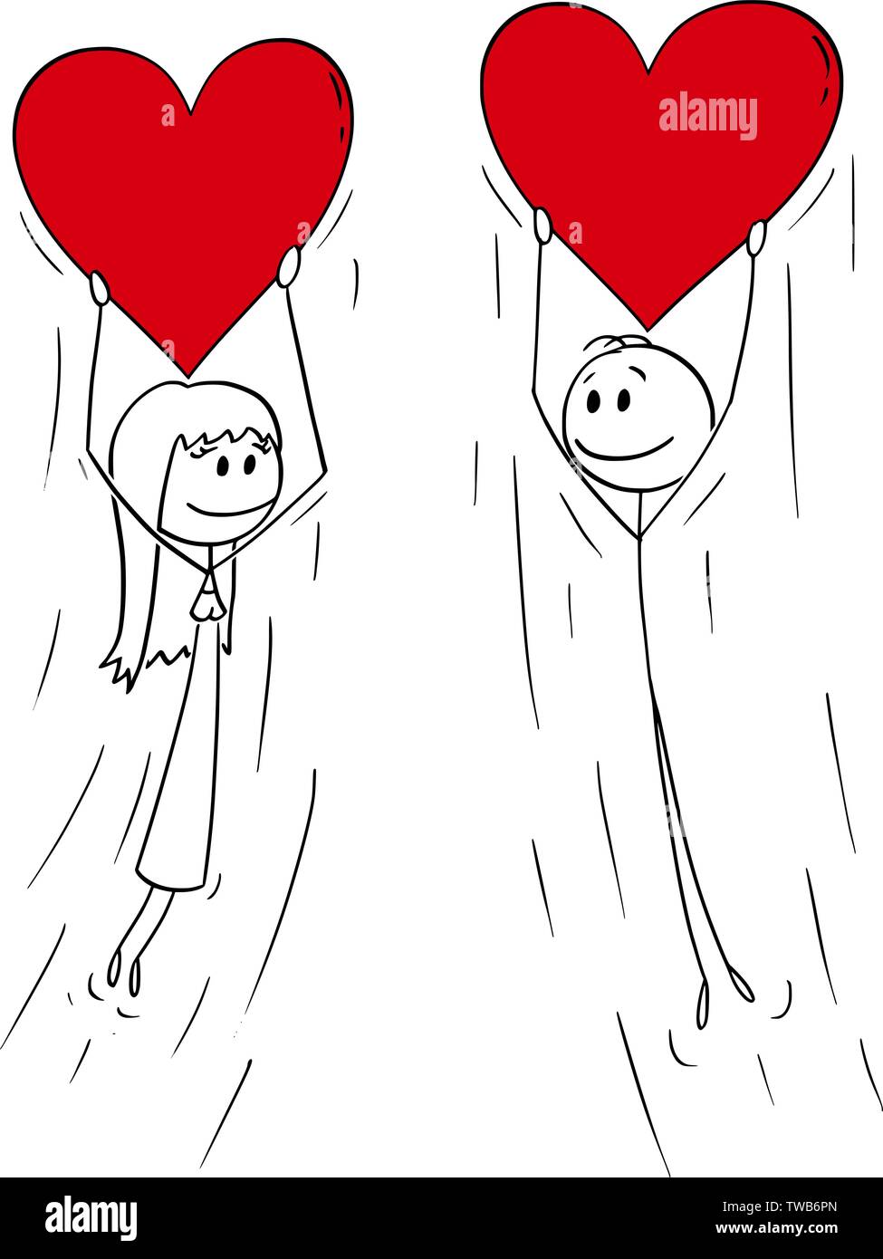 Vector cartoon stick figure dessin illustration conceptuelle du couple hétérosexuel de l'homme et de la femme sur le vol date red heart ballons en forme et souriant. Illustration de Vecteur